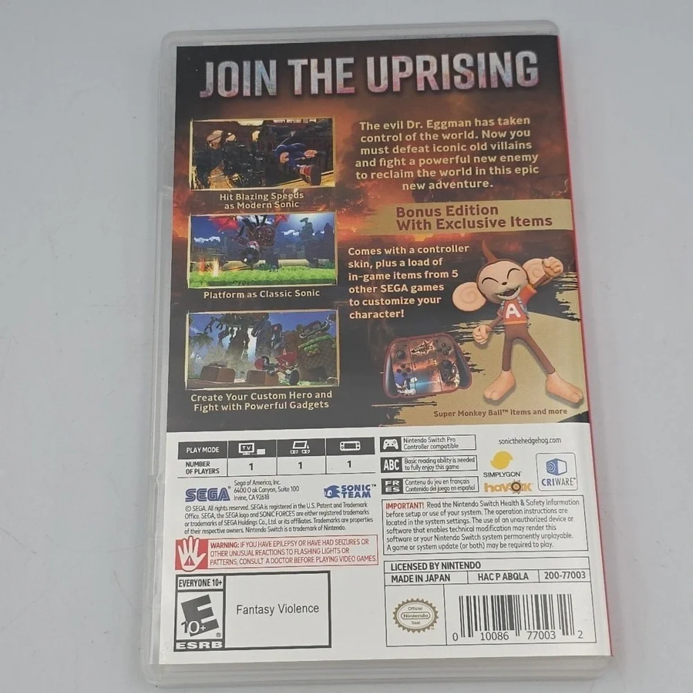 Sonic Forces - Bonus Edition (Nintendo Switch, 2017) COMPLETE CIB SKINS UNUSED!!